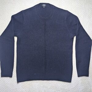 Uniqlo 100% Wool Sweater Men's Large Navy Crewneck Lightweight Knit Minimalist